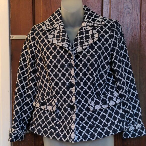 Talbots Navy Blue + Cream Geometric Diamond Print Blazer Sz6P - Picture 1 of 10